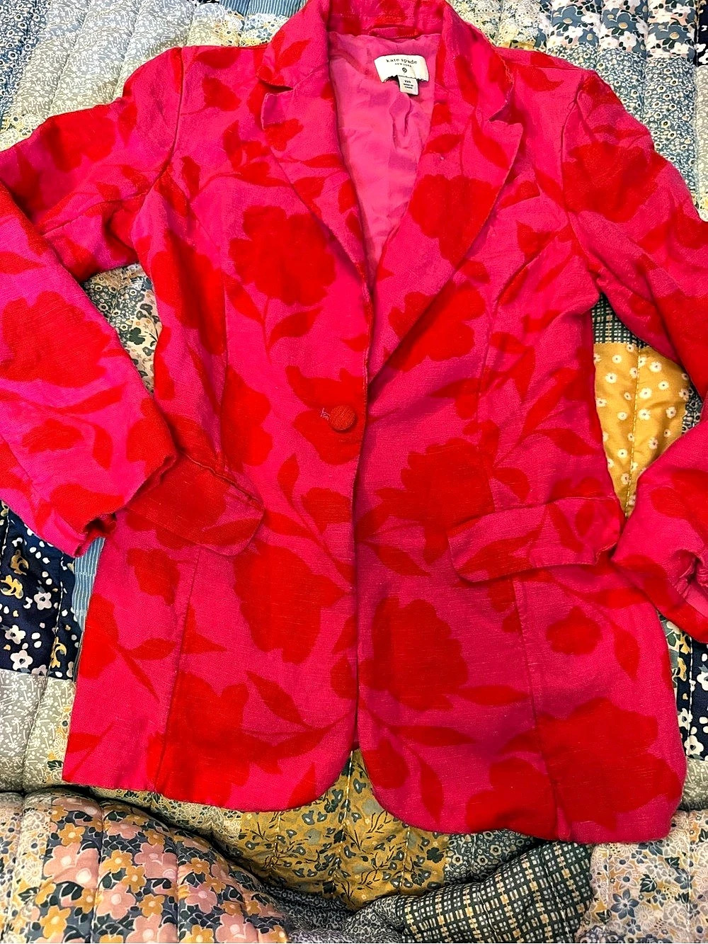 kate spade Floral Linen-Blend Blazer in Pink & Red Size XXS